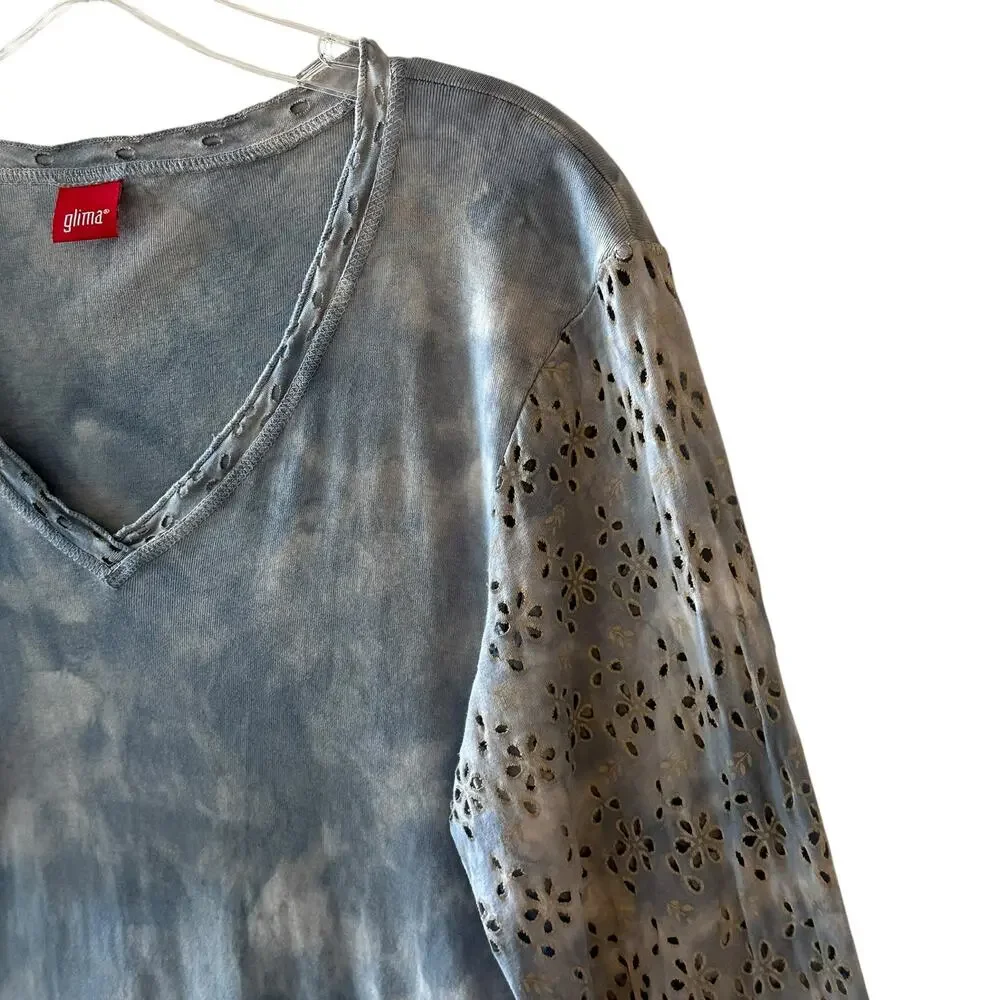 Glima Mineral Washed Knit Top Womens XL Light Blue Eyelet Sleeves Trim Boho Tee